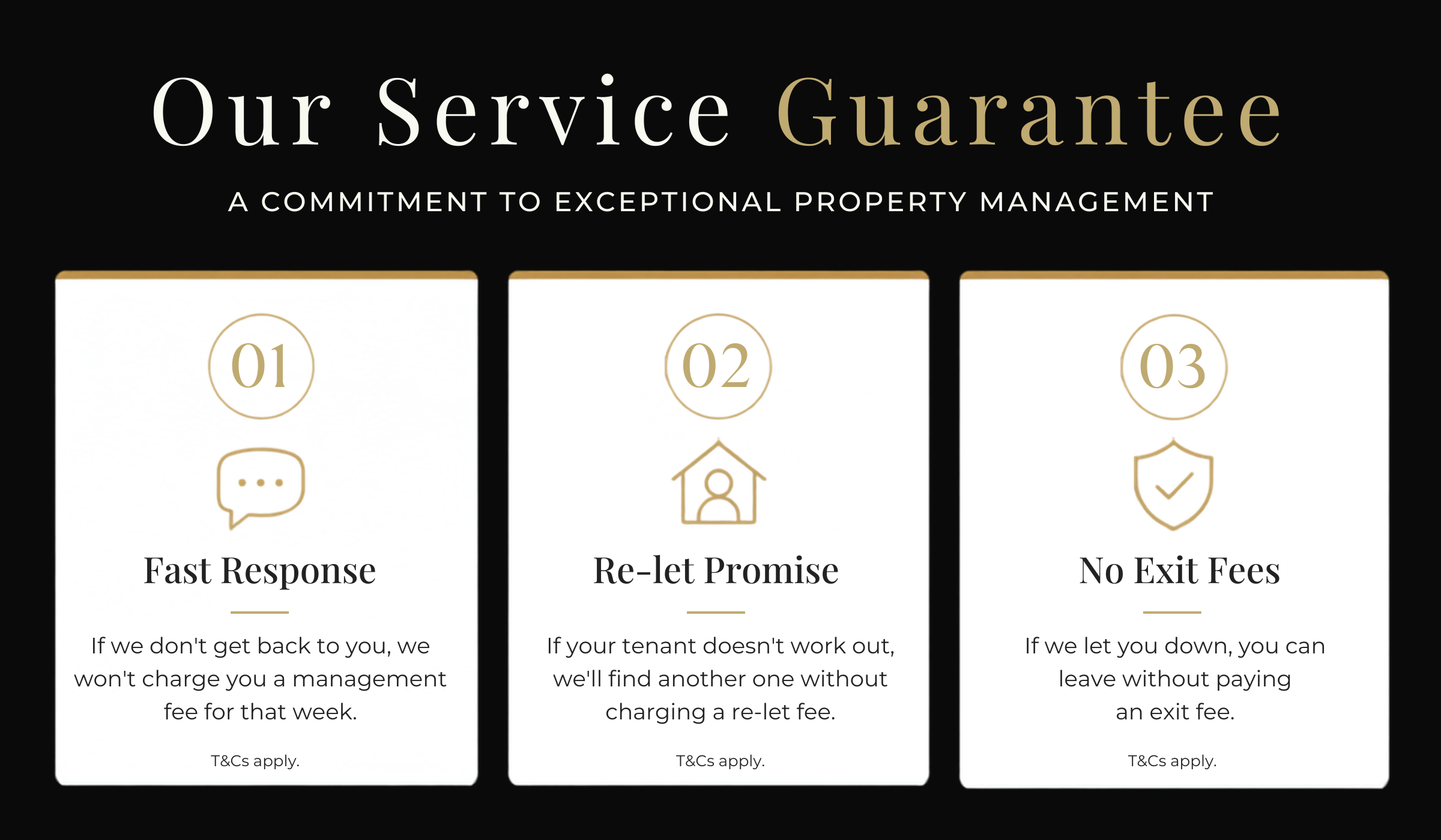 Our Service Guarantee: Fast Response, Re-let Promise and No Exit Fees. T&Cs apply.