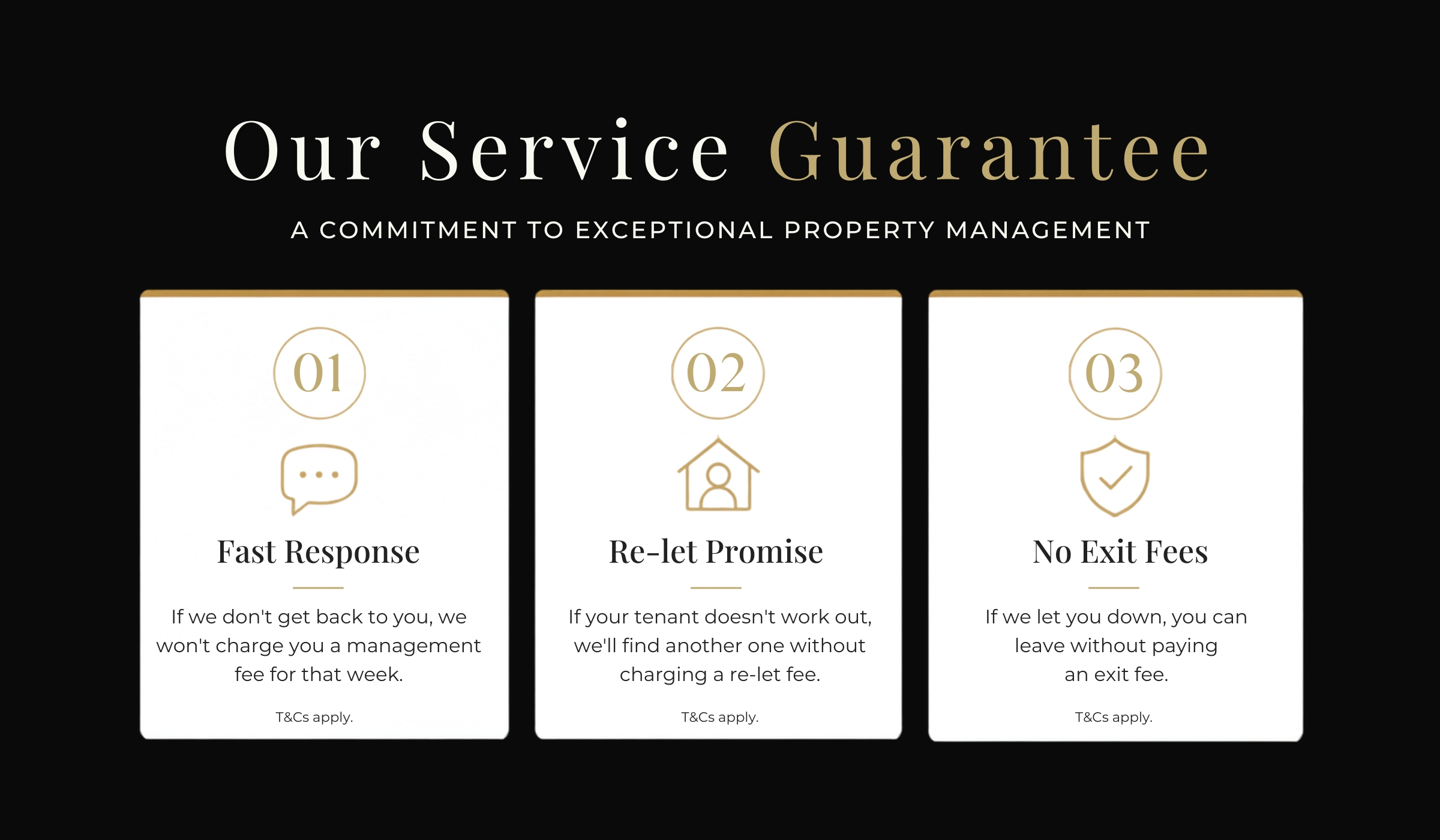 Our Service Guarantee: Fast Response, Re-let Promise and No Exit Fees. T&Cs apply.
