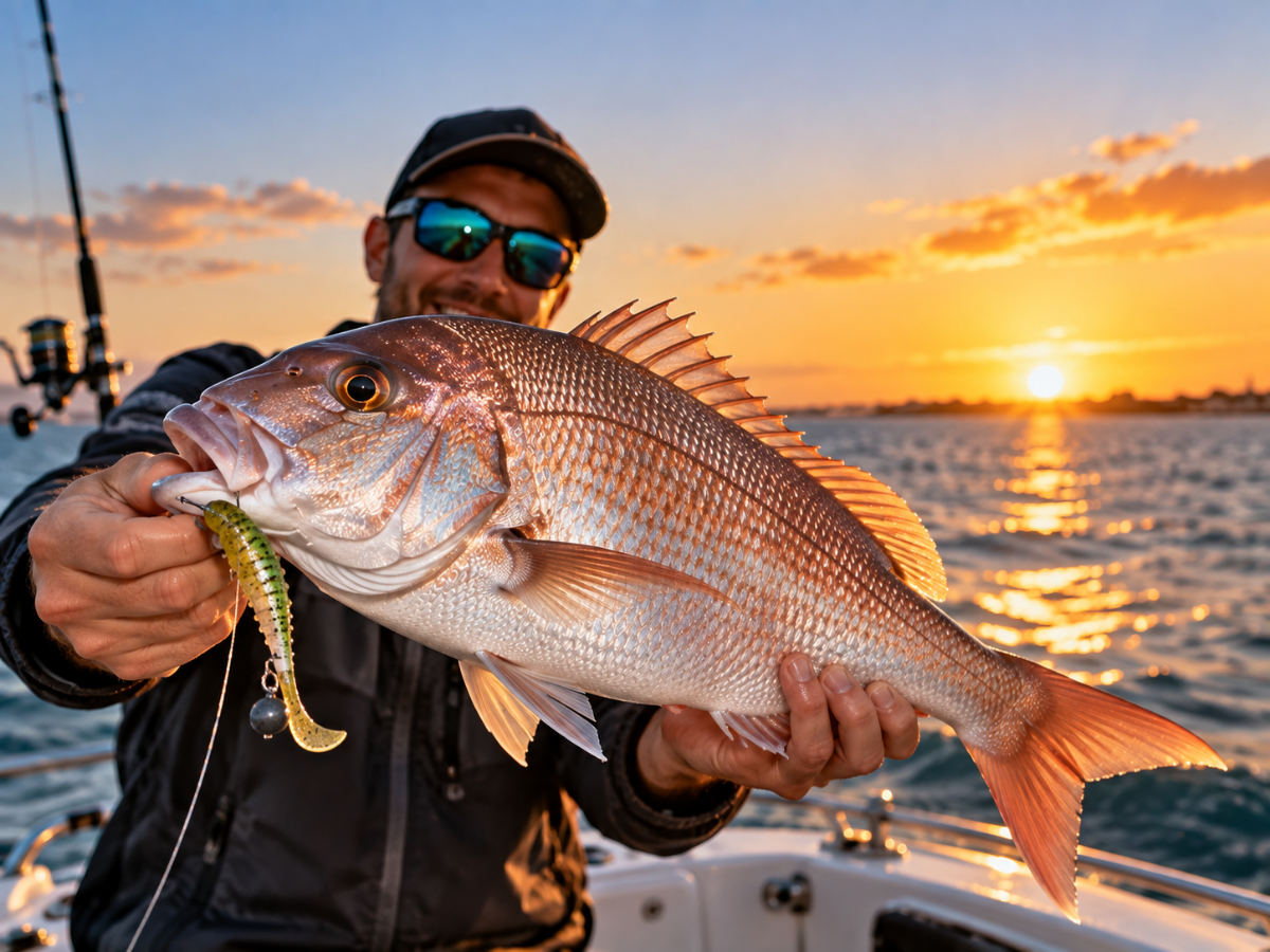 Angler holding a freshly caught fish on a boat at sunset.