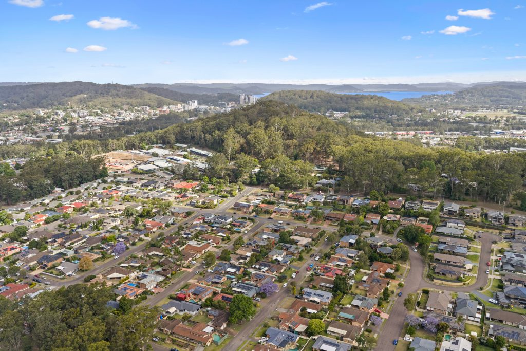 Aerial view over Narara NSW, looking south towards Gosford and Brisbane Water