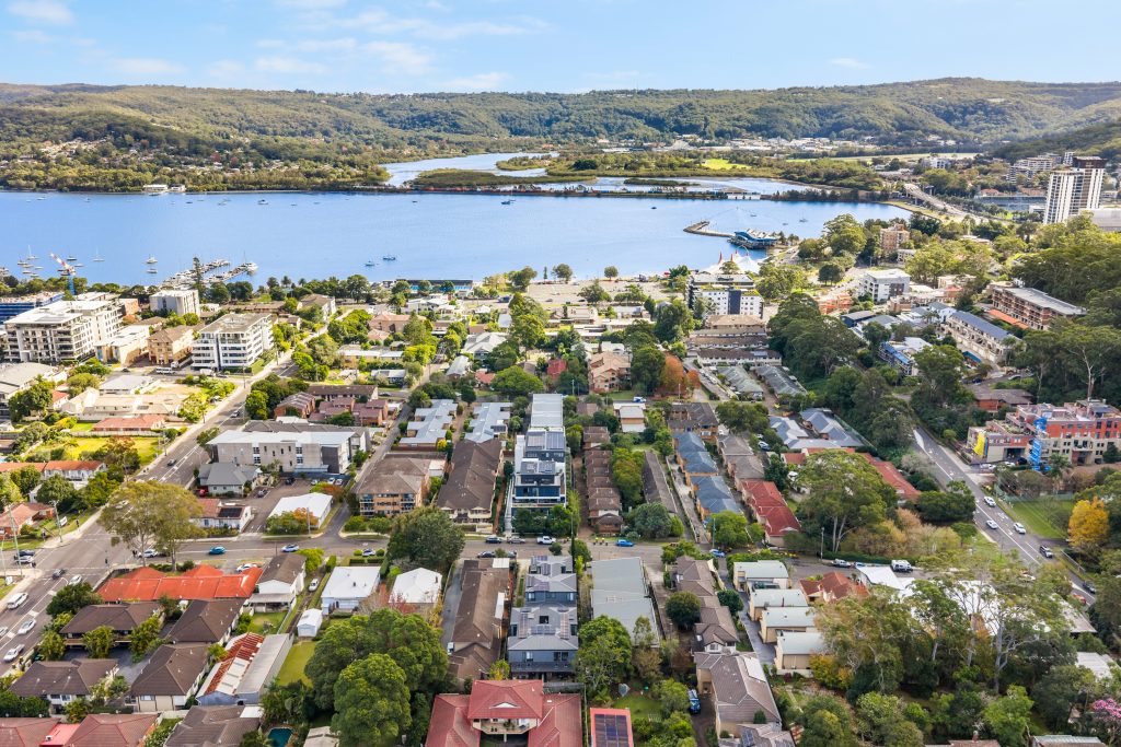 Aerial view over East Gosford NSW looking across Brisbane Water to the Gosford CBD